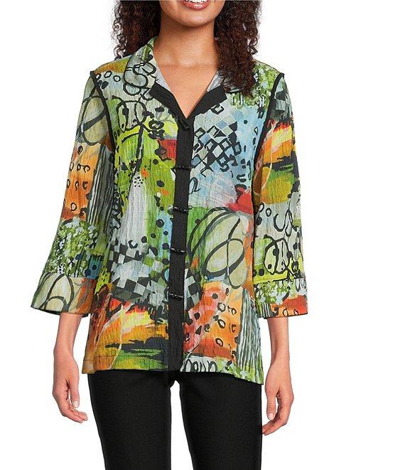 Ali Miles Petite Size Textured Woven Abstract Multi Print Wire Collar 3/4 Sleeve Button Front Tunic Product Image