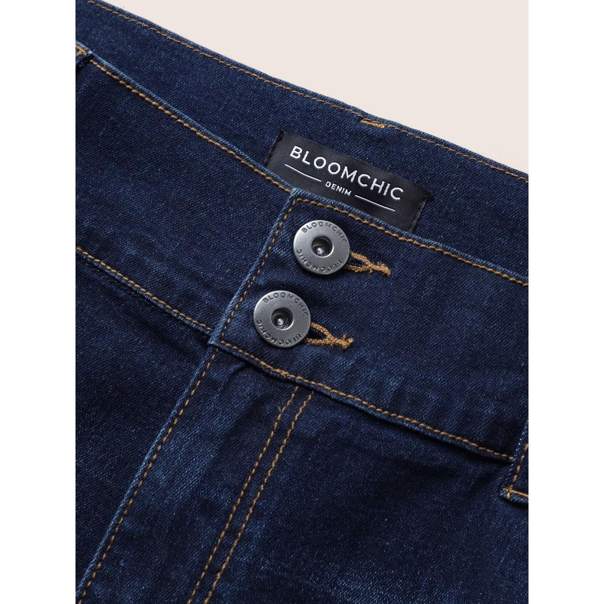 Plus Size Dark Wash Elastic Waist Skinny Denim Shorts Women Indigo Non High stretch Everyday Slanted pocket Casual Denim Shorts BloomChic 30/6X Product Image