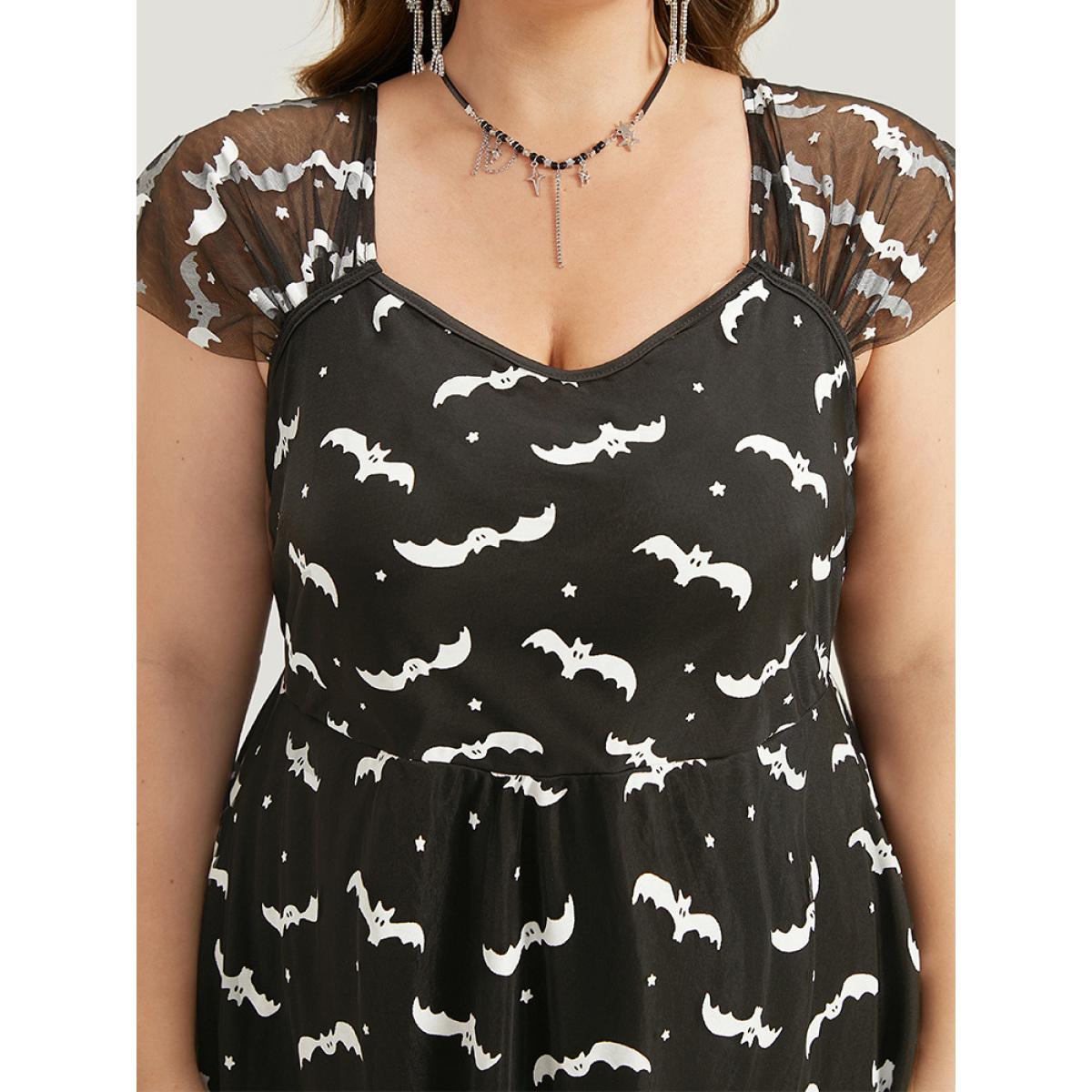 Plus Size Halloween Bat Print Mesh Square Neck Dress Black Women Glamour See through Square Neck Sleeveless Curvy Midi Dress BloomChic 22-24/3X Product Image
