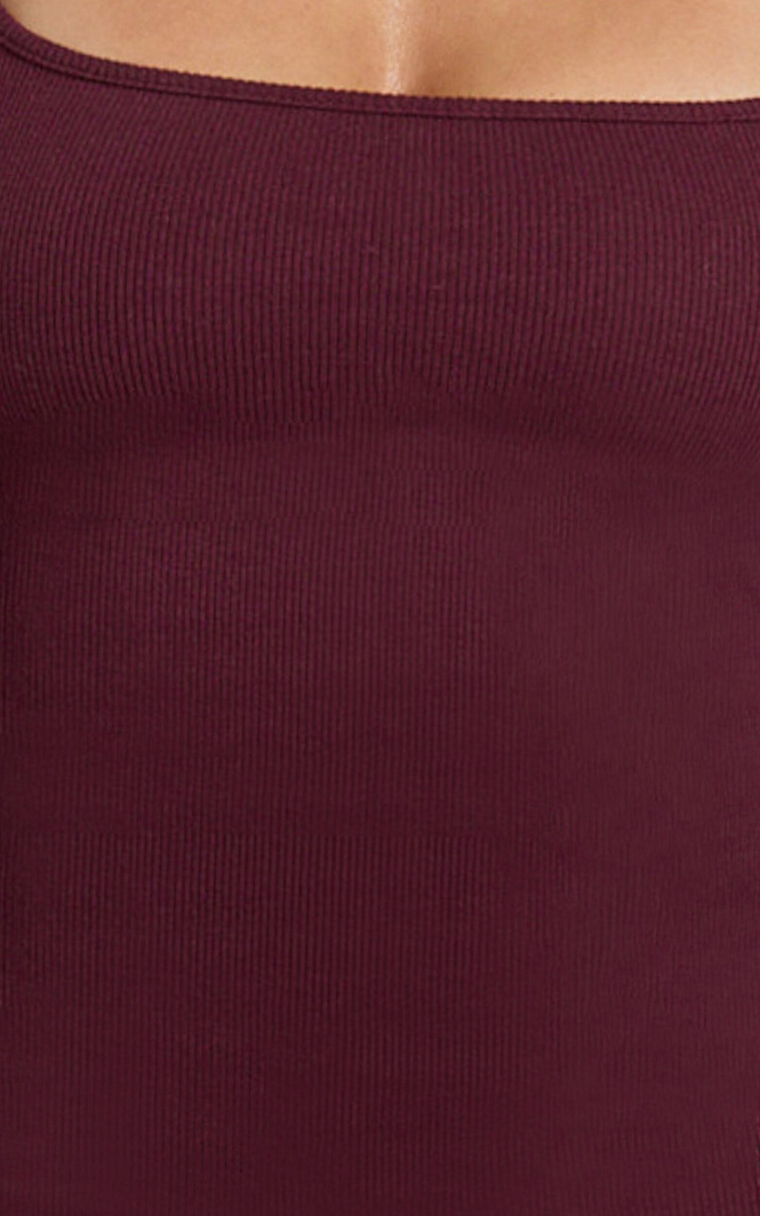 Lucy Midi Dress - Ribbed Side Ruched Bodycon Dress in Wine Product Image