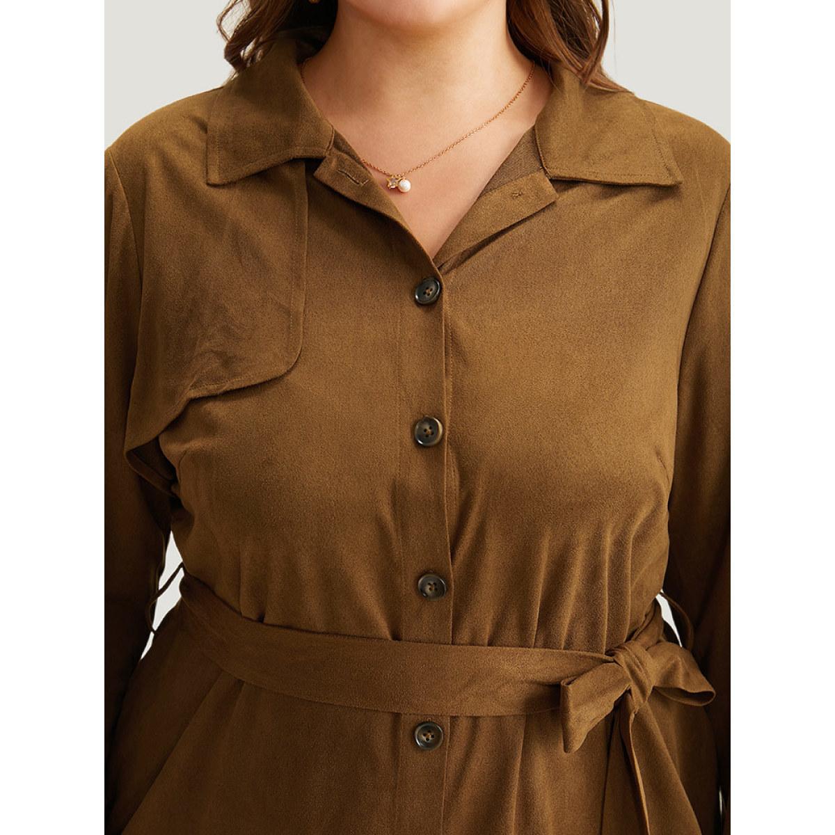 Plus Size Plain Split Hem Button Through Belted Dress Bronze Women Office Plain Shirt collar Long Sleeve Curvy Knee Dress BloomChic 28/5X Product Image
