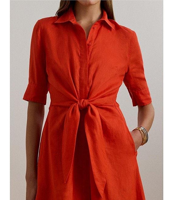 Lauren Ralph Lauren Linen Point Collar Elbow Sleeve Self Tie Button Front Fit-And-Flare Shirt Dress Product Image