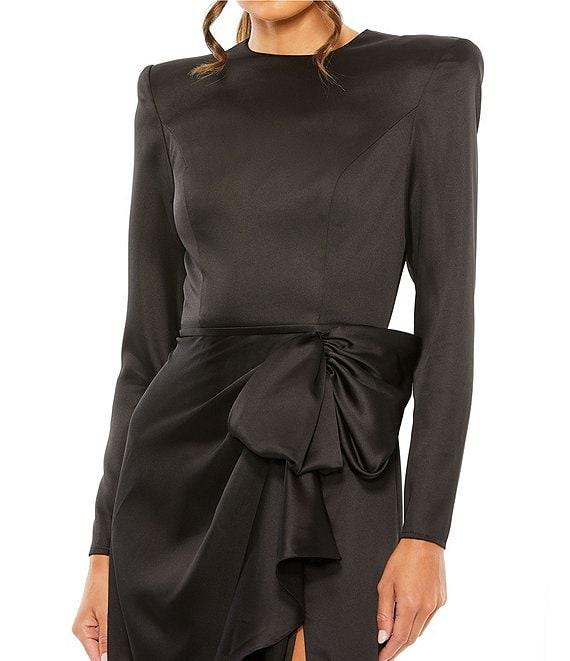Mac Duggal Long Sleeve Crew Neck Ruched Waist Draped Bow Thigh High Slit Satin A-Line Gown Product Image