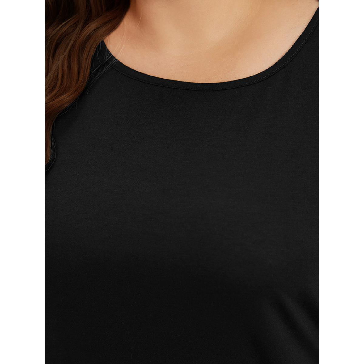 Plus Size Supersoft Essentials Striped Colorblock Arc Hem Button Detail Dress Black Women Casual Arc Hem Round Neck Short sleeve Curvy Midi Dress BloomChic 30/6X Product Image