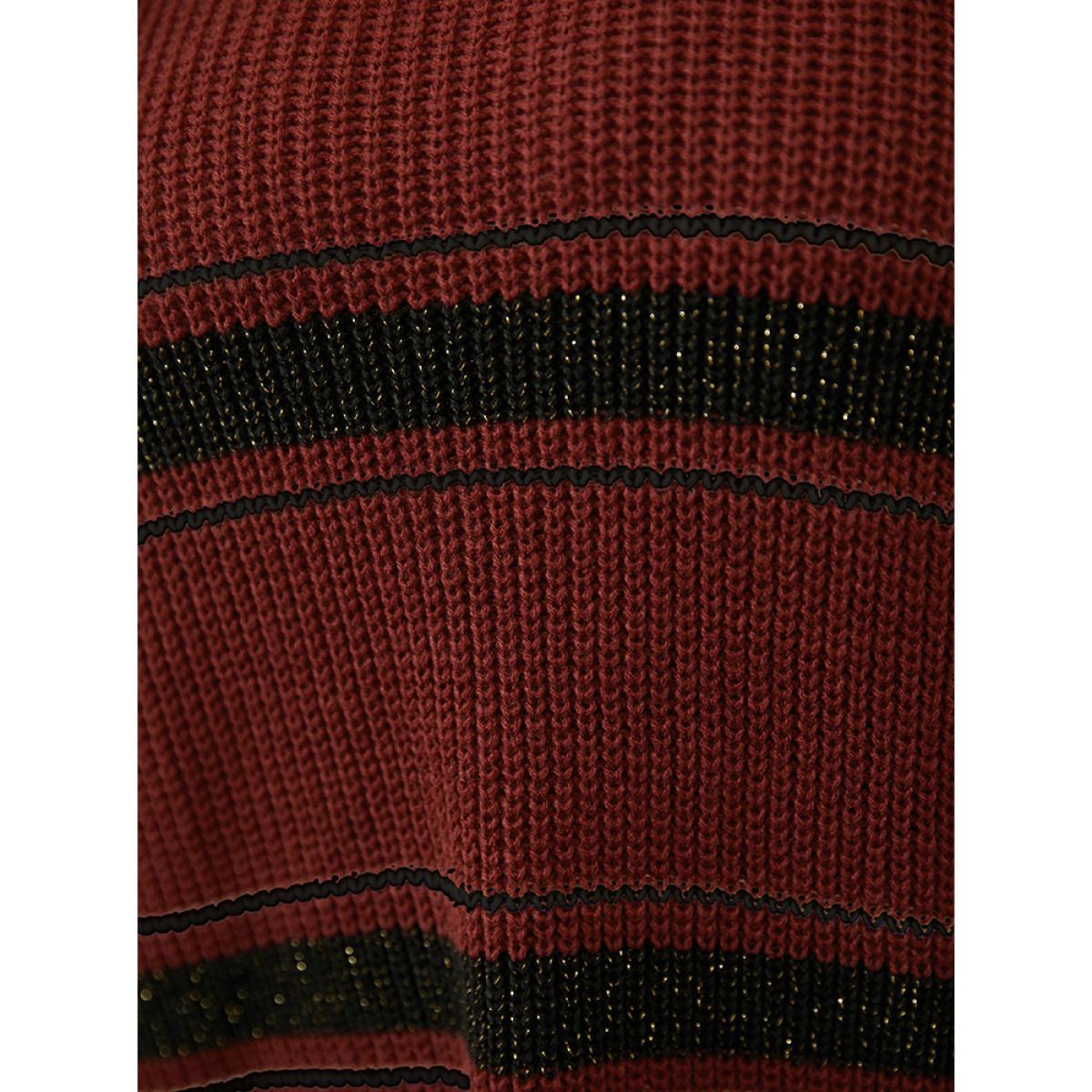 Plus Size Striped Contrast Pointelle Knit Lantern Sleeve Round Neck Knit Top Scarlet Women Casual Loose Long Sleeve Round Neck Dailywear Pullovers BloomChic 18-20/2X Product Image