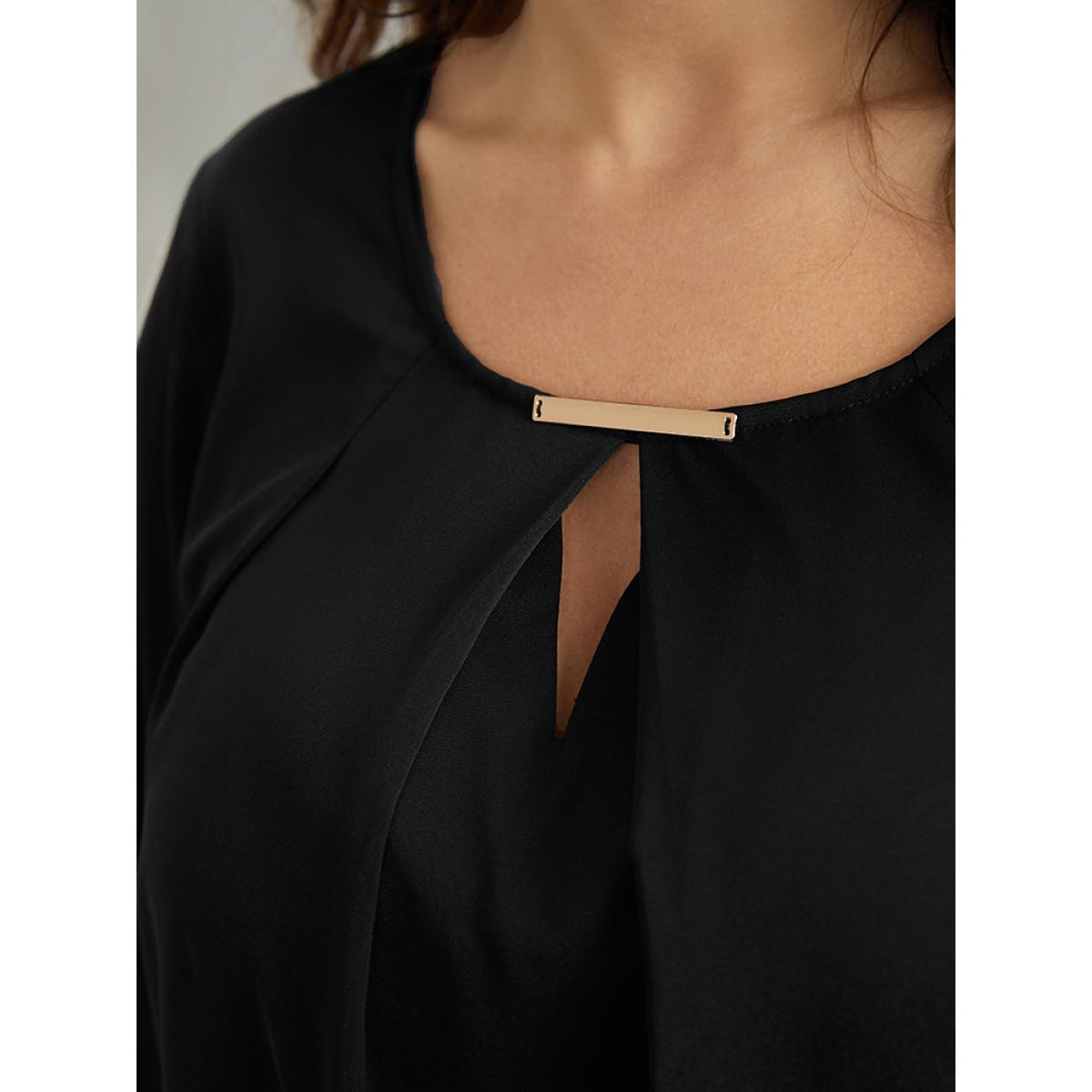 Plus Size Black Anti-Wrinkle Buckle Detail Keyhole Tab Sleeve Blouse Women Office Long Sleeve Round Neck Work Blouses BloomChic 10/M Product Image