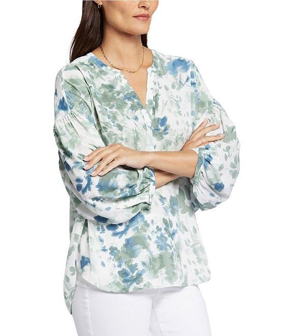 NYDJ Paulina Print Peasant Split V Neckline Woven Button Front Blouse Product Image