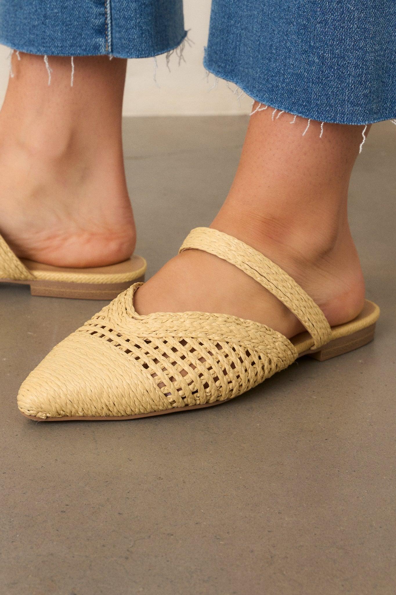 There She Goes Natural Pointed-Toe Woven Raffia Mules Product Image
