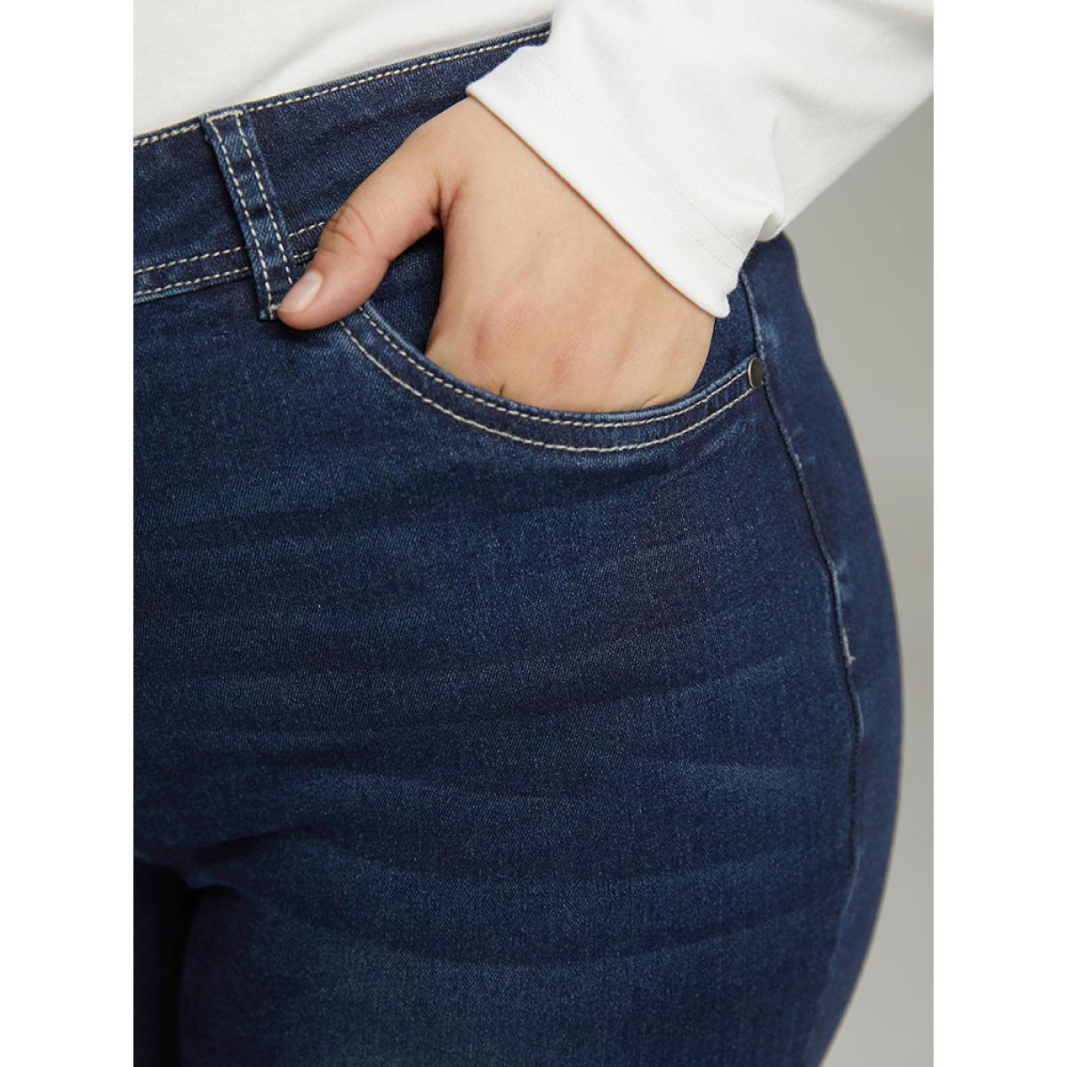 Plus Size High Rise Flare Jeans With Frayed Hem Women DarkBlue Casual Plain Plain High stretch Pocket Jeans BloomChic 30/6X Product Image