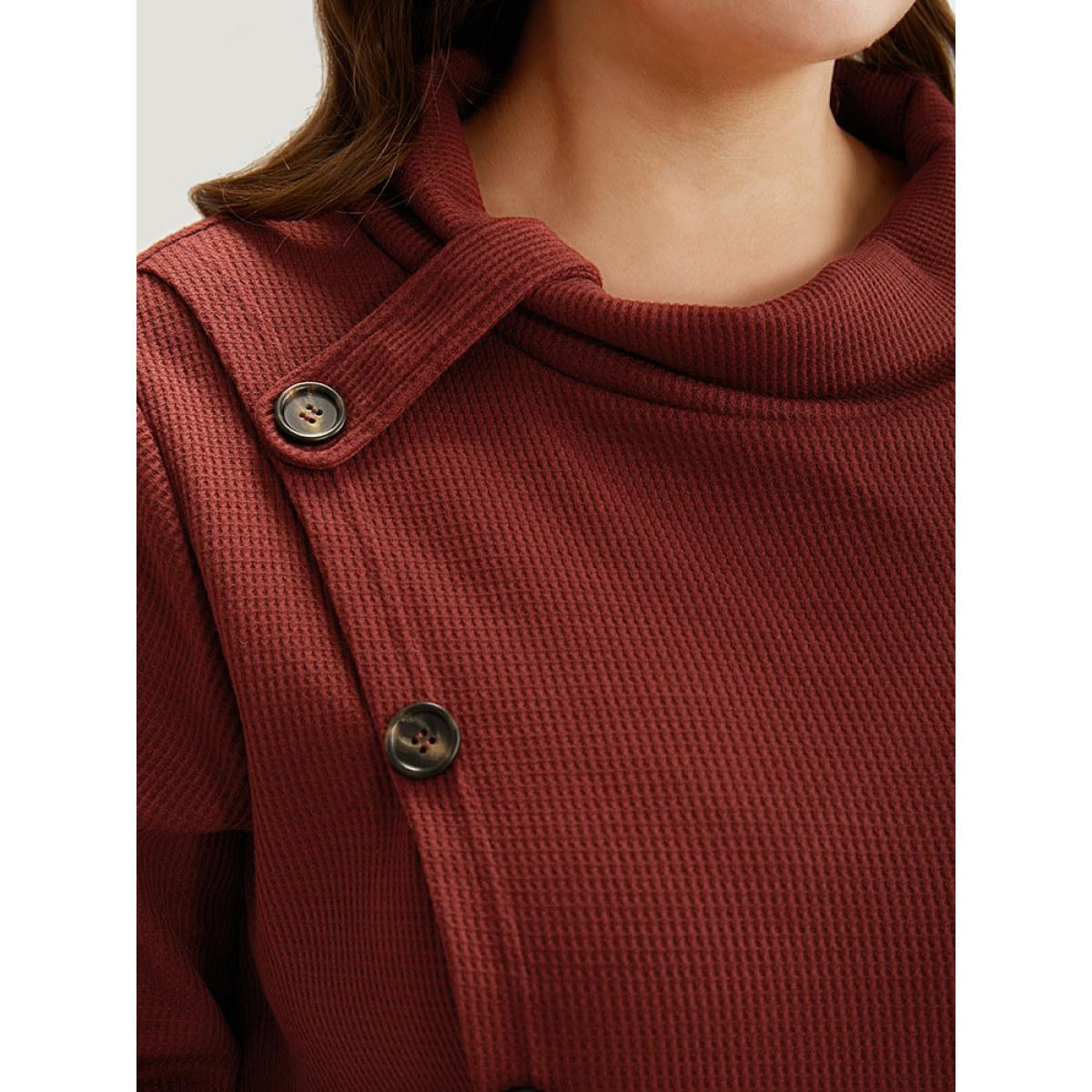 Plus Size Rib Knit Mock Neck Wrap Pocket Button Detail Sweatshirt Women Scarlet Casual Wrap Mock Neck Dailywear Sweatshirts BloomChic 22-24/3X Product Image