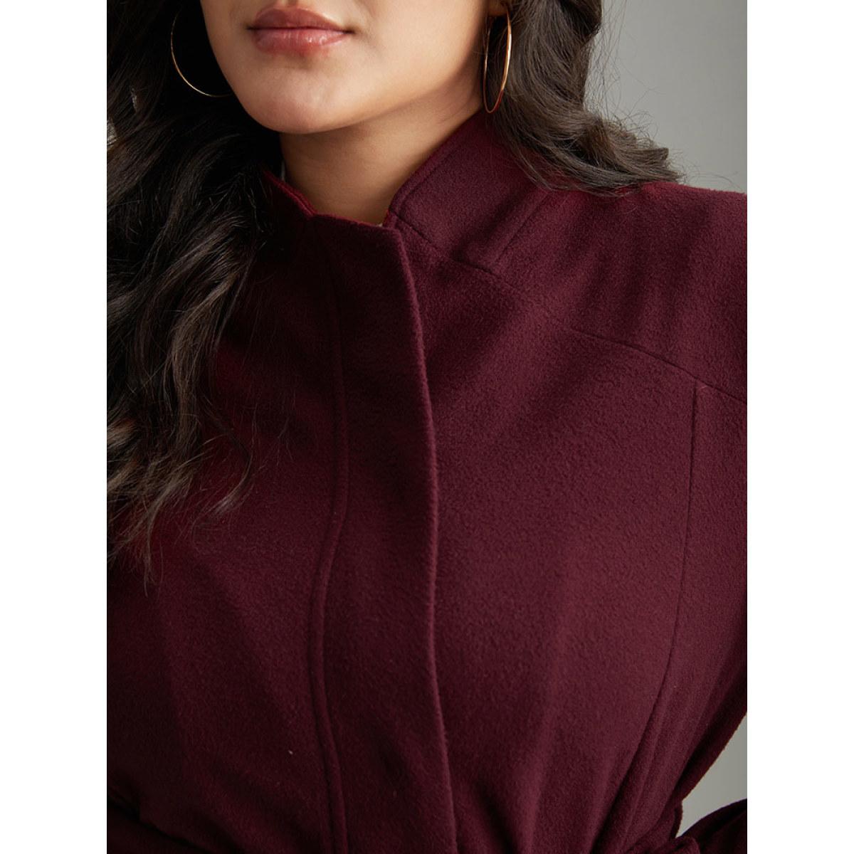 Plus Size Solid Button Fly Stand Collar Belted Pocket Coat Women Burgundy Casual Plain Ladies Everyday Winter Coats BloomChic 26/4X Product Image