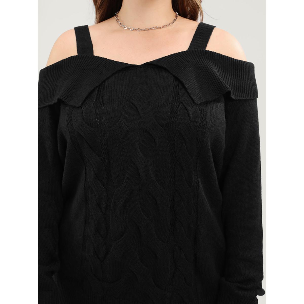 Plus Size Solid Pointelle Knit Cold Shoulder Knit Top Black Women Elegant Long Sleeve Cold Shoulder Dailywear Pullovers BloomChic 12/L Product Image