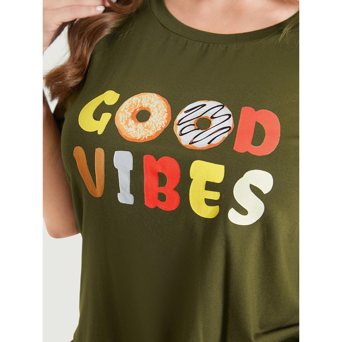 Plus Size Donut & Letter Print Round Neck Graphic Tee ArmyGreen Women Casual Art&design Dailywear T-shirts BloomChic 26/4X Product Image