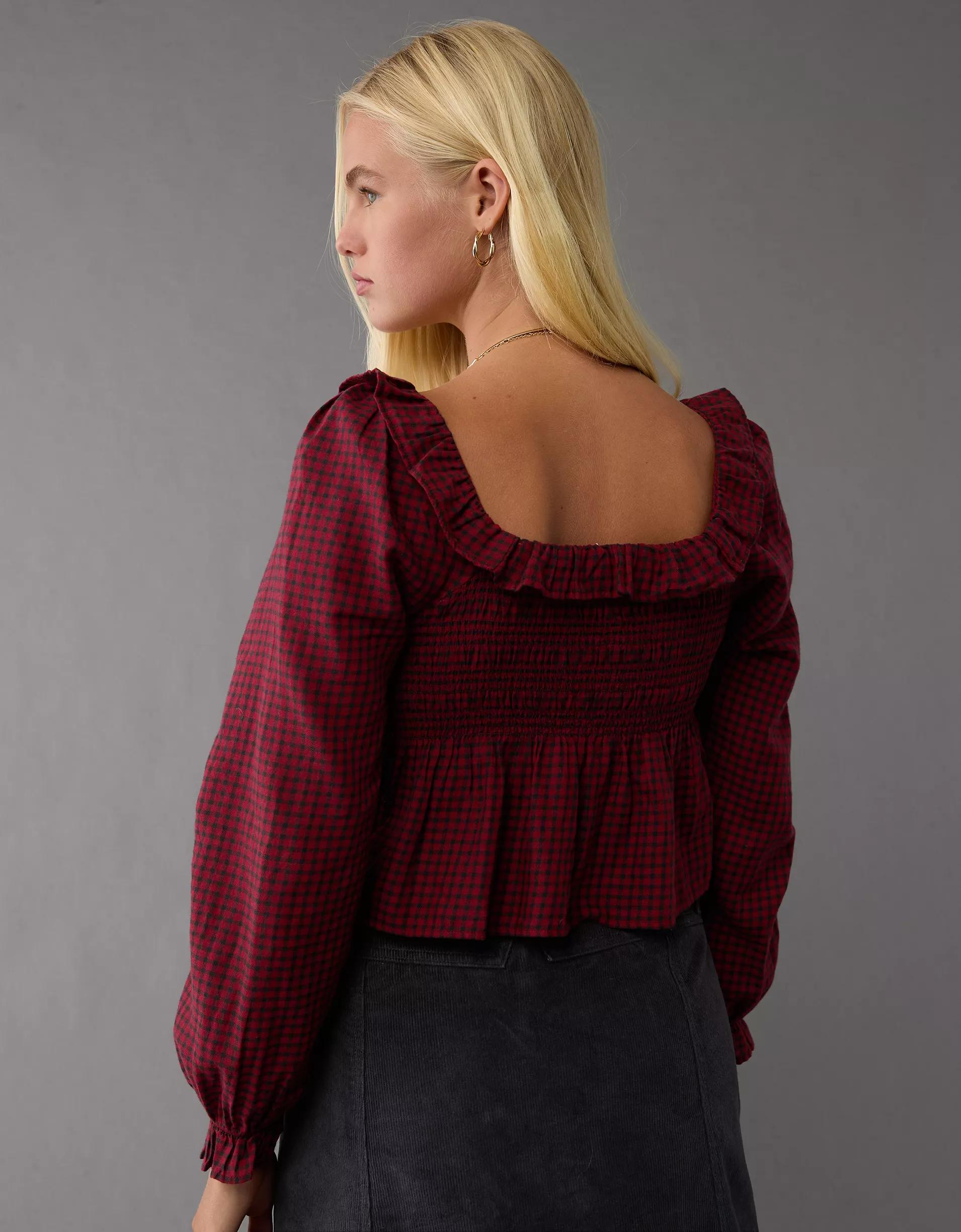 AE Long-Sleeve Smocked Ruffle Plaid Top Product Image