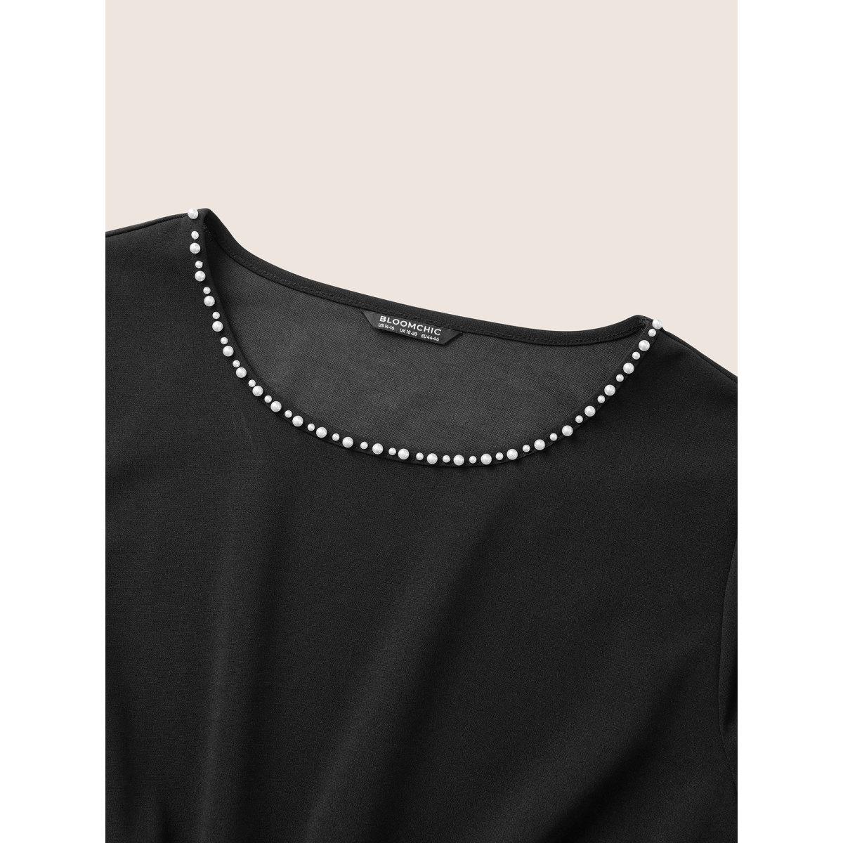 Plus Size Black Pearl Beaded Gathered Elastic Waist Blouse Women Elegant Short sleeve Round Neck Everyday Blouses BloomChic 14-16/1X Product Image