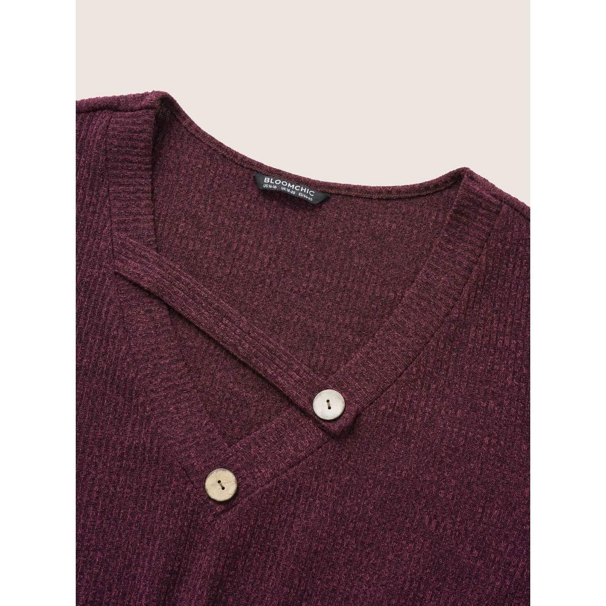 Plus Size Rib Knit Cut Out Button Detail Asymmetrical Neck Dress Maroon Women Casual Rib Knit Asymmetrical Neck Long Sleeve Curvy Knee Dress BloomChic 26/4X Product Image
