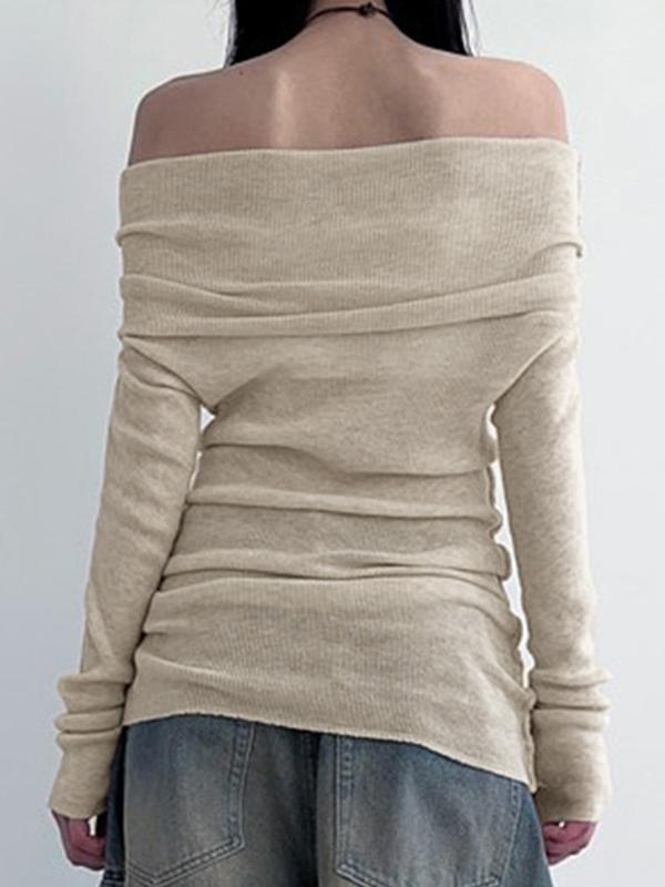 Solid Off Shoulder Slim Long Sleeve Knit Product Image