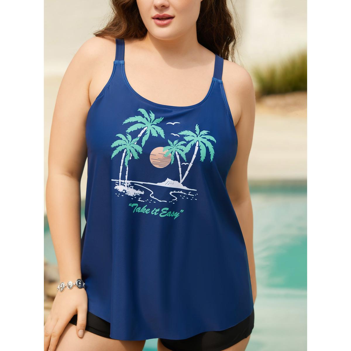 Plus Size Island Print Non-Removable Cups Swim Top Women's Swimwear Cerulean Resort High stretch Bodycon U-neck Curve Swim Tops BloomChic 22-24/3X Product Image