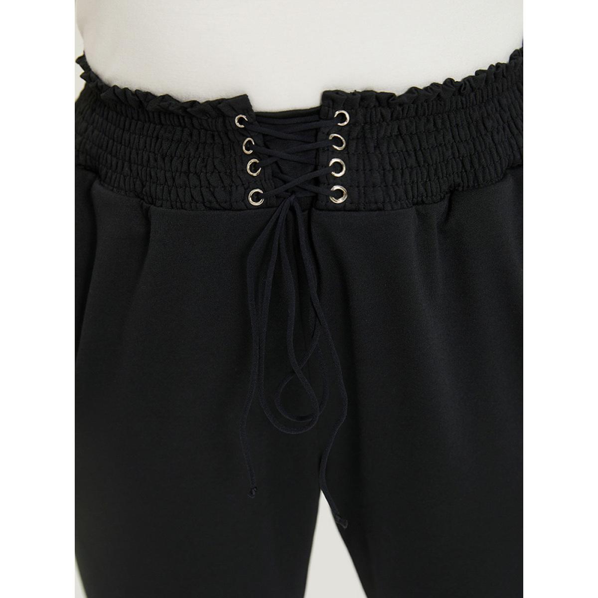 Solid Pocket Bowknot Shirred Sweatpants Black Plus Size Women Casual Dailywear Drawstring 26/4X Bloomchic Product Image
