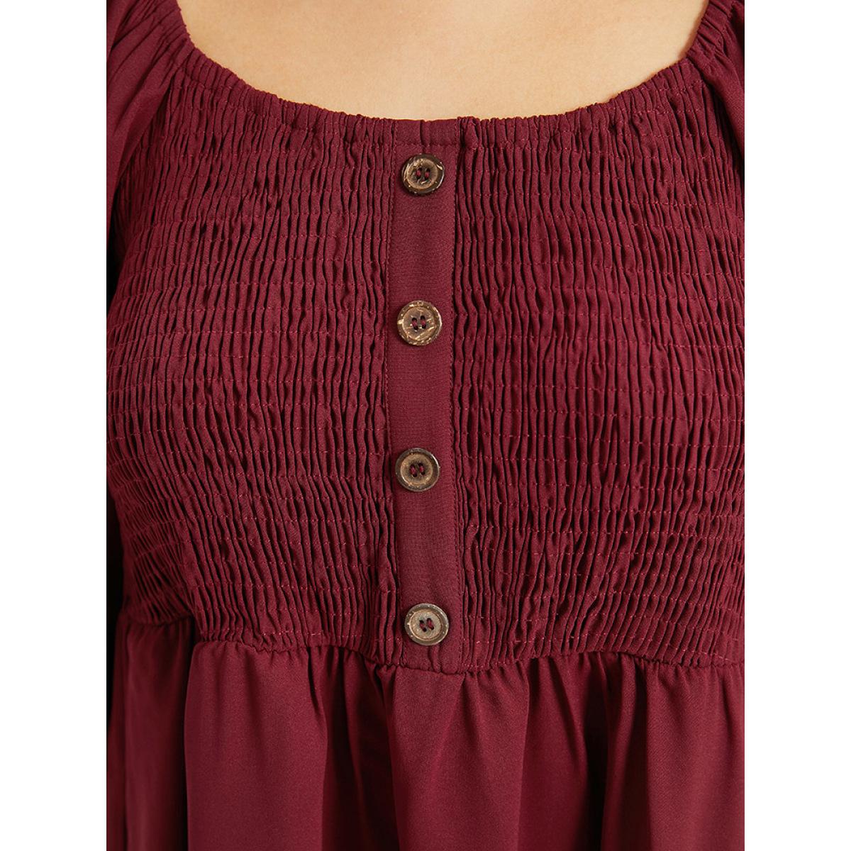 Plus Size Shirred Pocket Button Detail Frill Trim Dress Burgundy Women Casual Elastic cuffs Square Neck Elbow-length sleeve Curvy Knee Dress BloomChic 22-24/3X Product Image