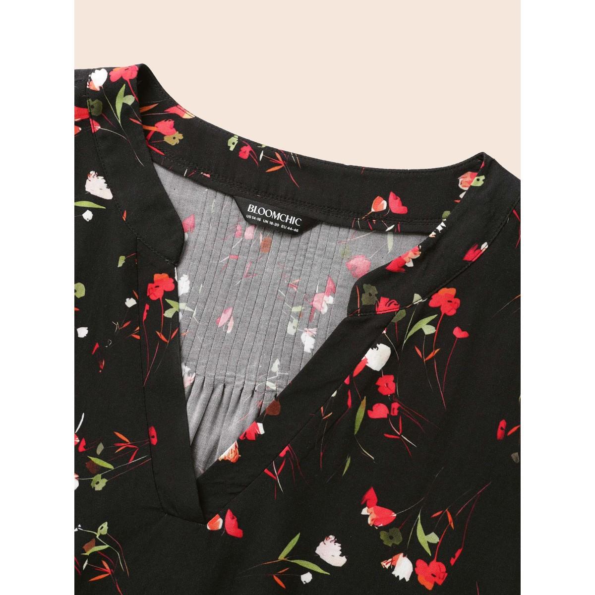 Plus Size Black Floral Notched Pleated Lantern Sleeve Blouse Women Elegant Elbow-length sleeve Flat collar with V-notch Everyday Blouses BloomChic 12/L Product Image