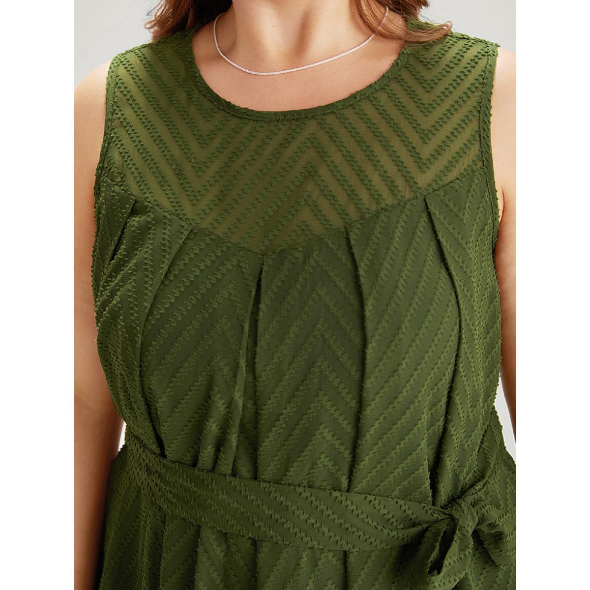 Plus Size Plisse Mesh Patchwork Belted Pleated Dress ArmyGreen Women Office Texture Round Neck Sleeveless Curvy Knee Dress BloomChic 28/5X Product Image