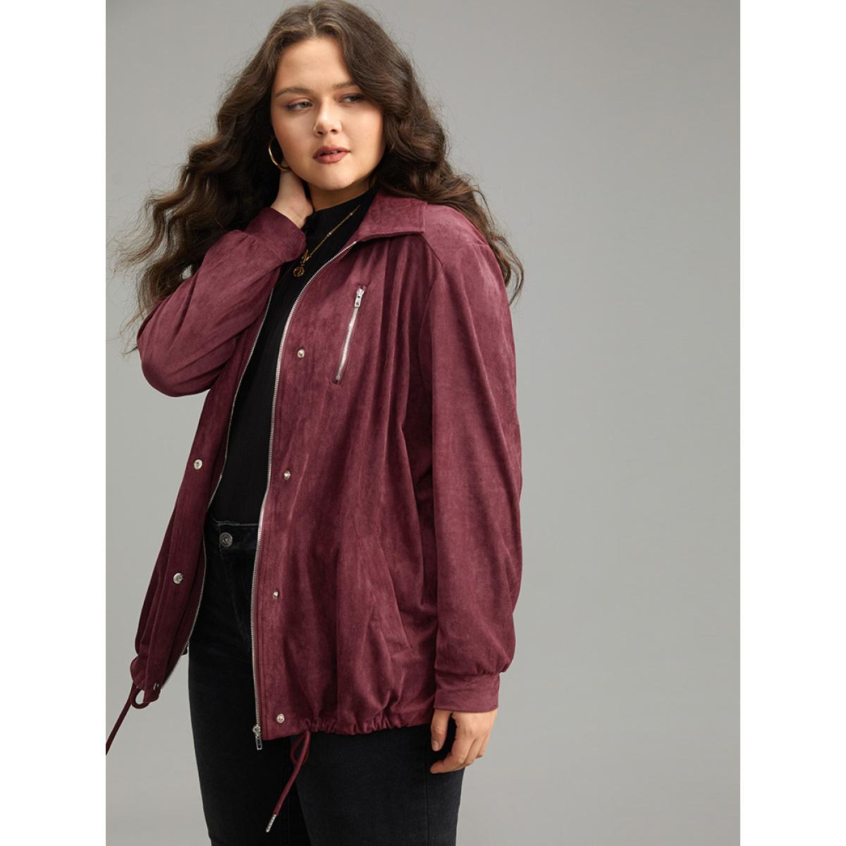 Plus Size Plain Pocket Zipper Fly Drawstring Jacket Women Burgundy Plain Pocket Dailywear Jackets BloomChic 10/M Product Image