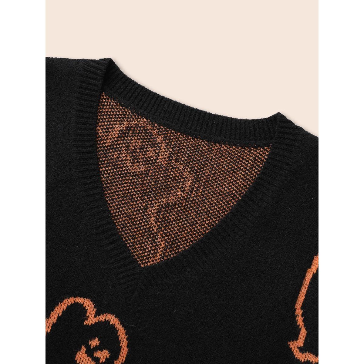 Plus Size Spooky Ghost Pattern V-Neck Pullover Black Women Casual Loose Long Sleeve V-neck Everyday Pullovers BloomChic 10/M Product Image