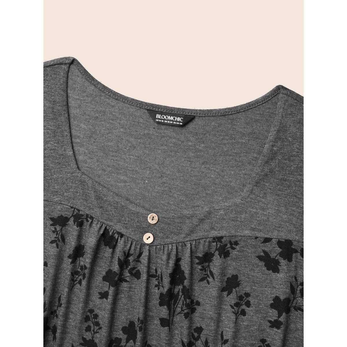 Plus Size Floral Spliced Heart Neckline Gathered T-Shirt DimGray Women Leisure Gathered Heart neckline Casual T-shirts BloomChic 18-20/2X Product Image