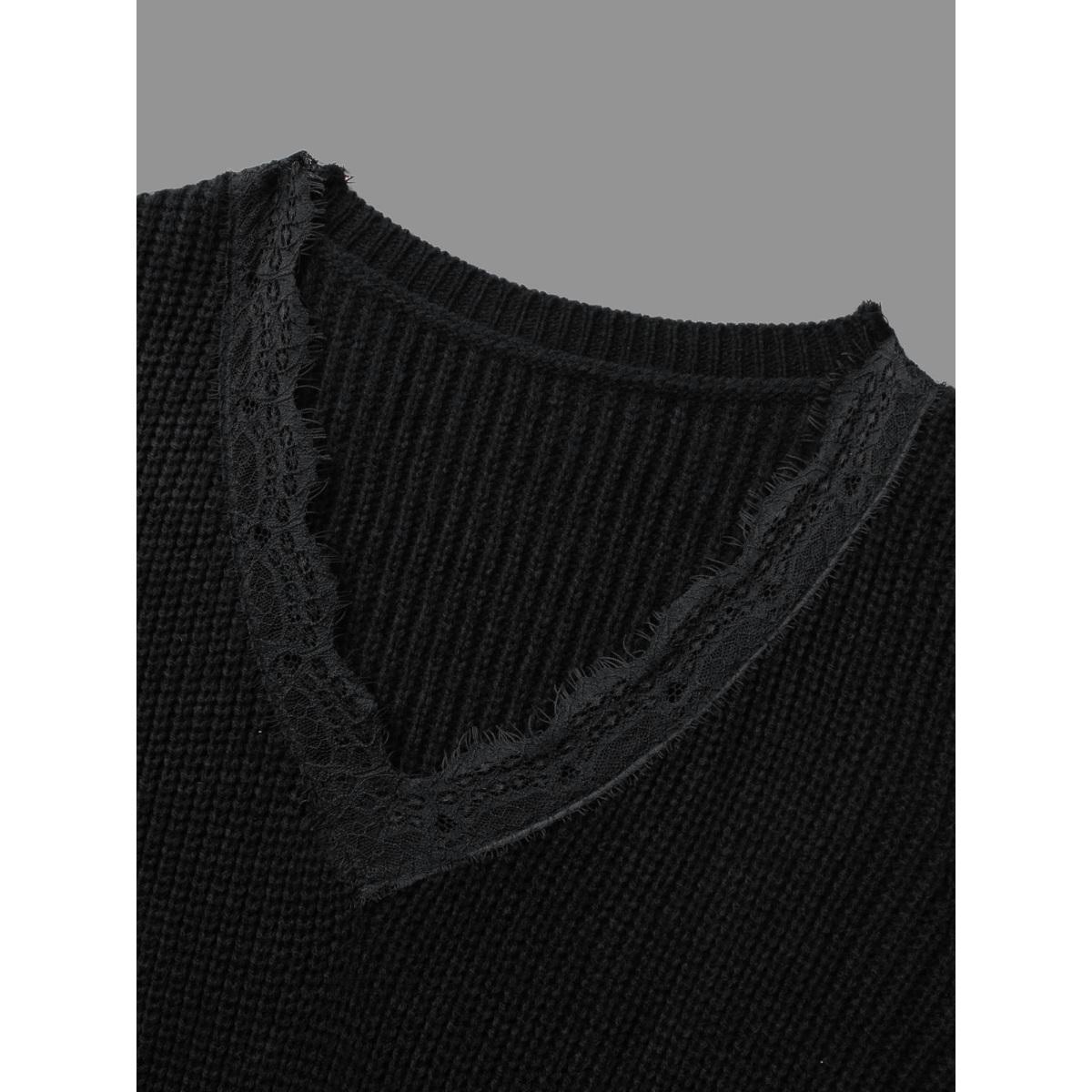 Plus Size V Neck Lace Panel Lantern Sleeve Pullover Black Women Casual Bodycon Long Sleeve V-neck Everyday Pullovers BloomChic 26/4X Product Image