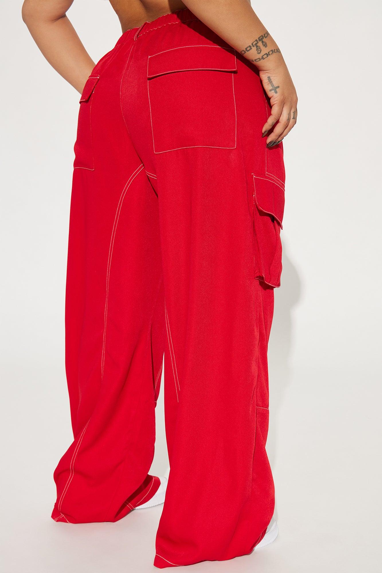 Keep Me Entertained Wide Leg Cargo Pant - Red Product Image