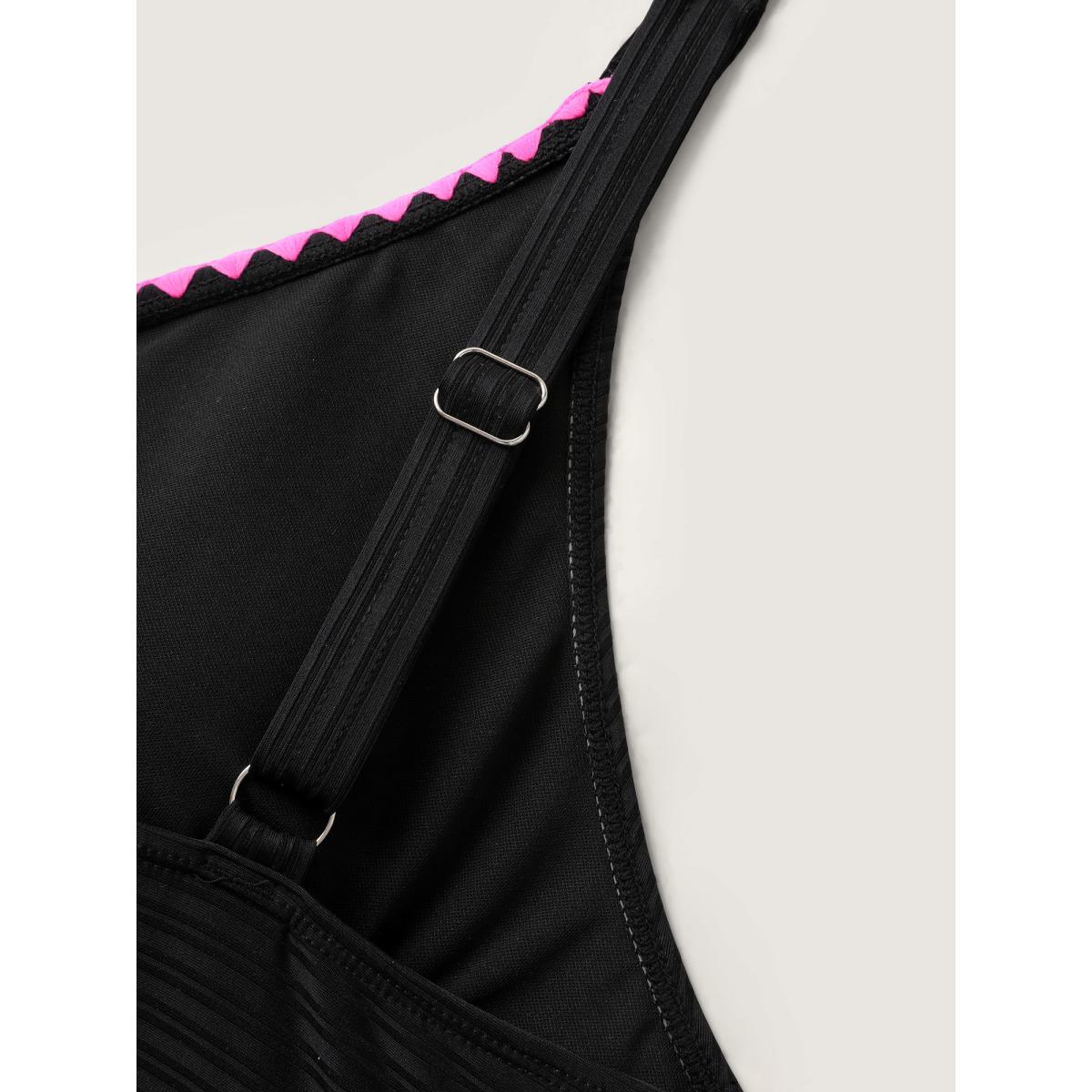 Plus Size Lace Trim Shell Embroidery Swim Top Women's Swimwear Black Resort Tie knot High stretch Skinny Overlap Collar Curve Swim Tops BloomChic 28/5X Product Image