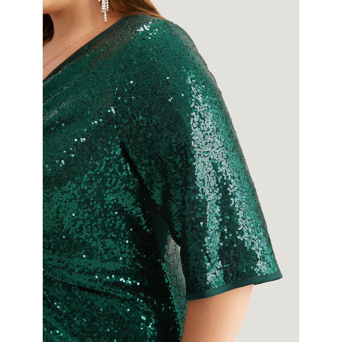 Plus Size Sequin Twist Front V Neck Dress DarkGreen Women Party Plain V-neck Short sleeve Curvy Knee Dress BloomChic 18-20/2X Product Image
