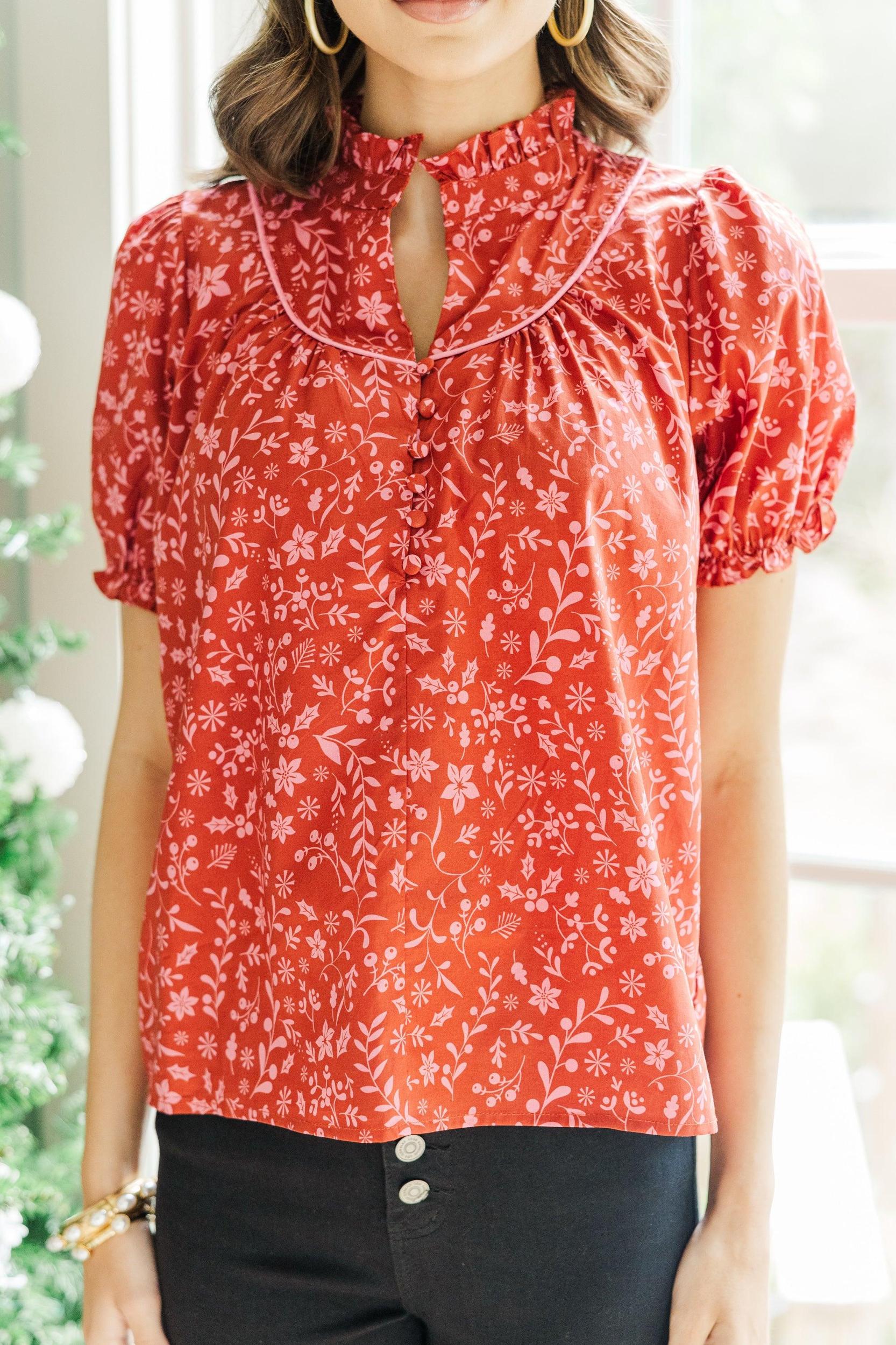 Keep It Up Red Ditsy Floral Ruffled Blouse Female Product Image