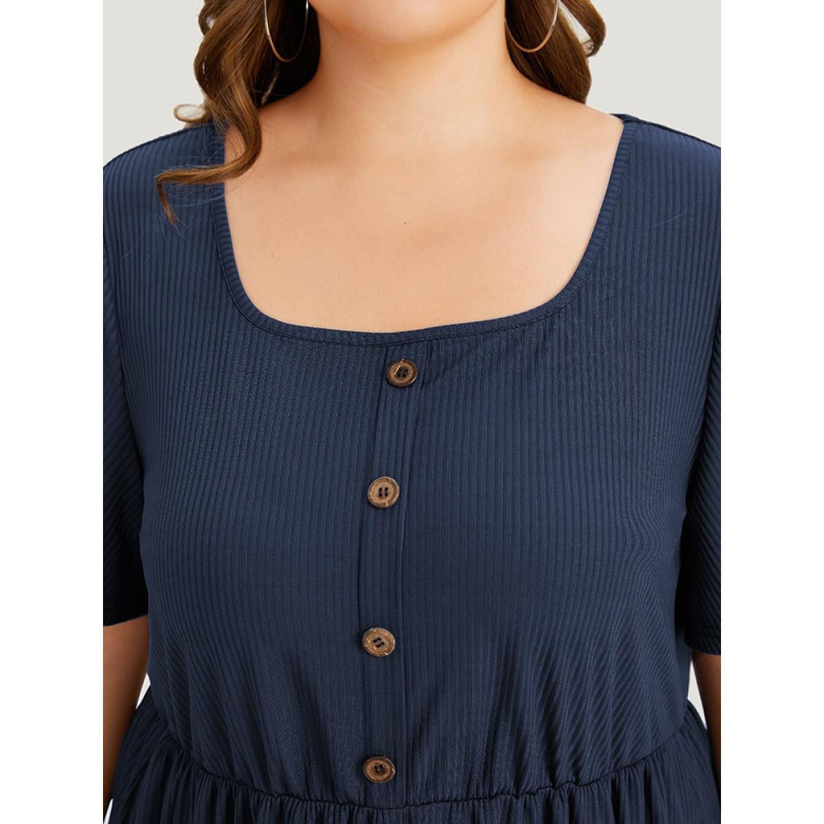 Plus Size Supersoft Essentials Plain Button Detail Ruffle Sleeve Gathered Square Neck Dress Indigo Women Casual Texture Square Neck Short sleeve Curvy Midi Dress BloomChic 28/5X Product Image