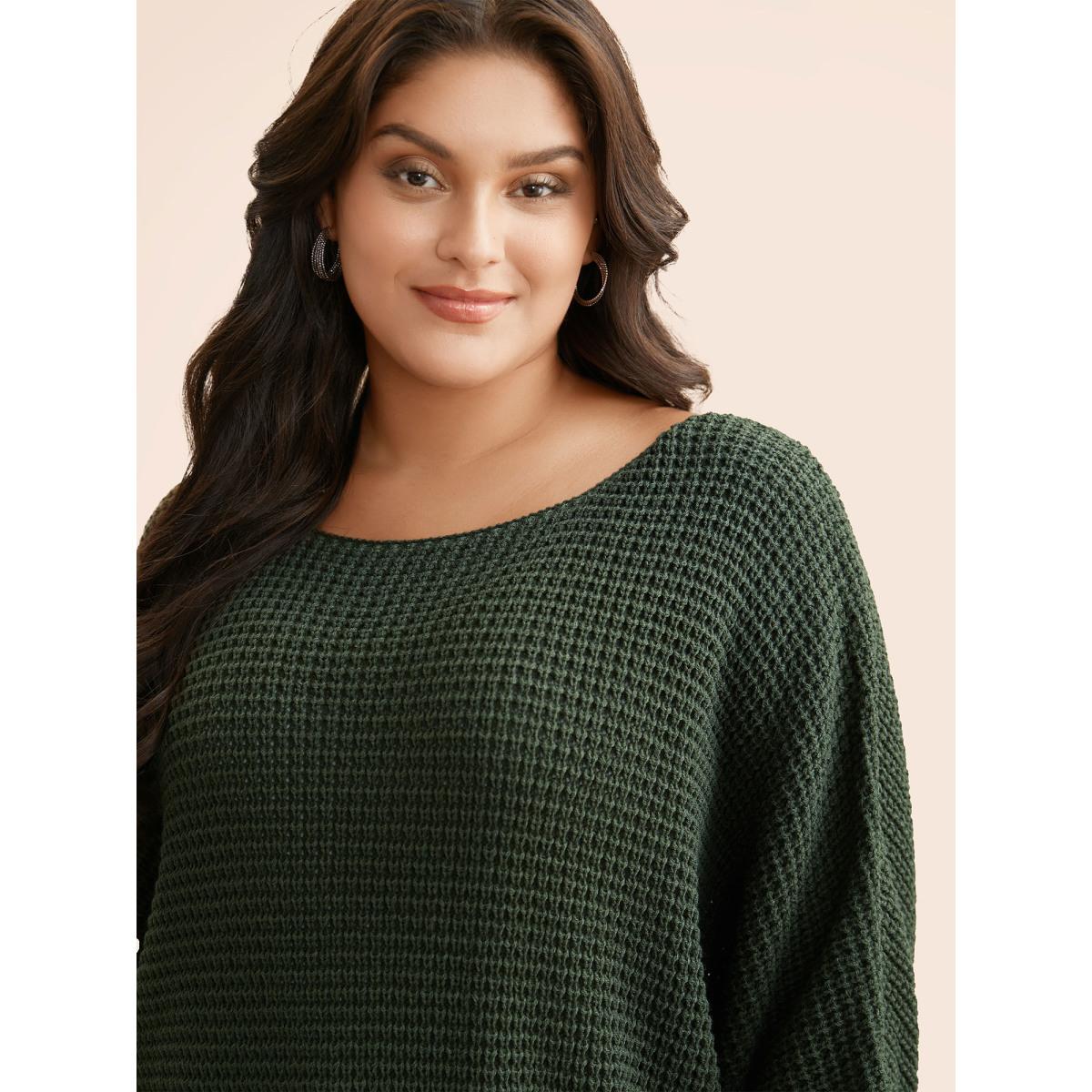 Plus Size Texture Boat Neck Dolman Sleeve Pullover ArmyGreen Women Casual Loose Long Sleeve Boat Neck Everyday Pullovers BloomChic 26/4X Product Image