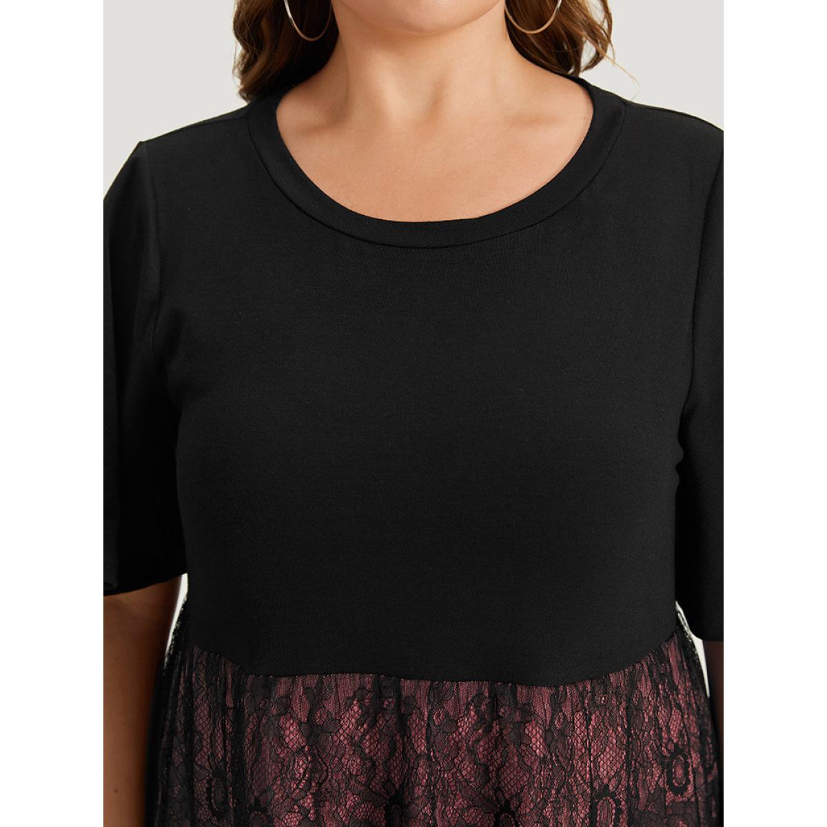 Plus Size Supersoft Essentials Colorblock Contrast Guipure Lace Flutter Sleeve Dress Rouge Women Casual Contrast Round Neck Short sleeve Curvy Midi Dress BloomChic 22-24/3X Product Image
