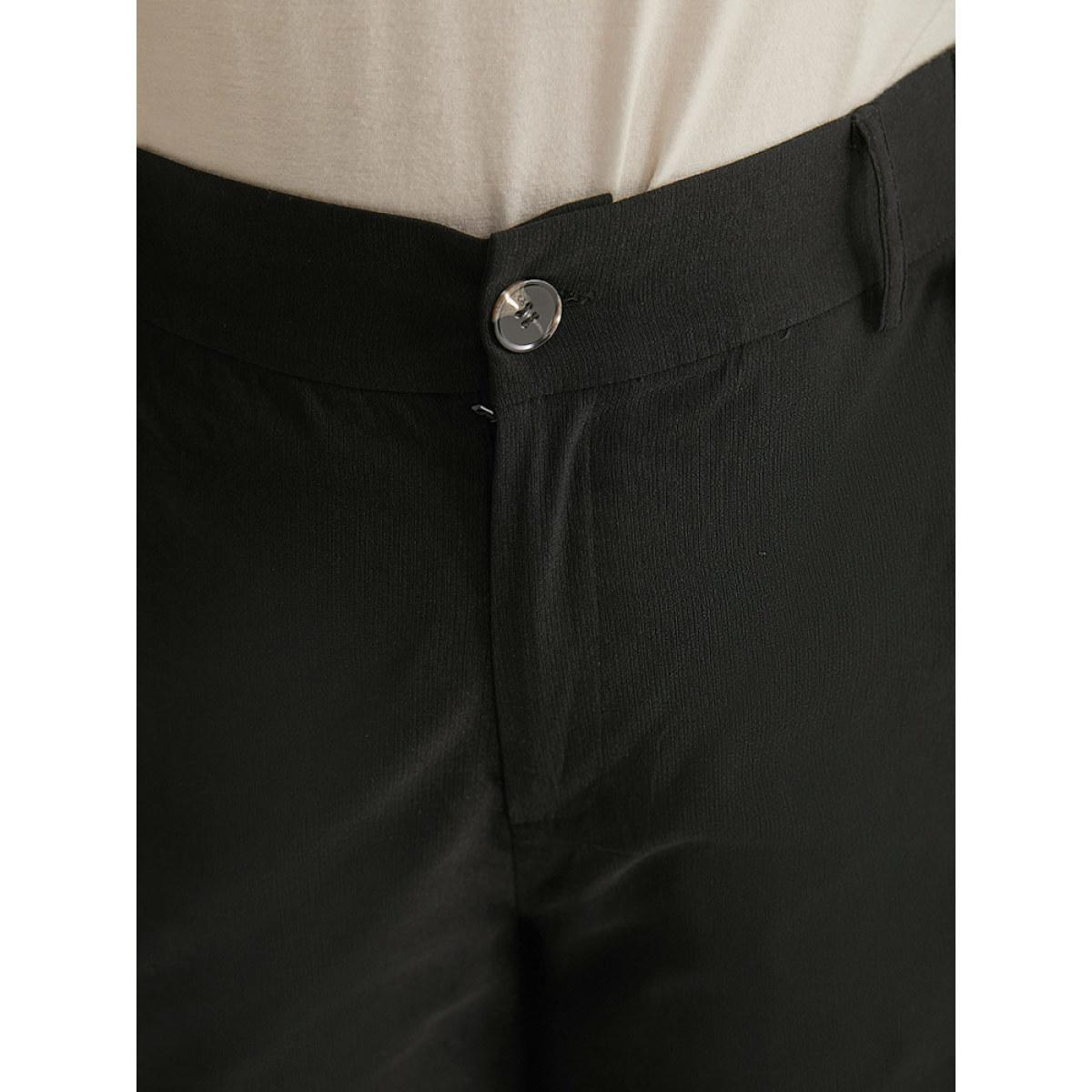 Plus Size Solid Button Up Straight Leg Pants Women Black Workwear Essentials Straight Leg High Rise Work Pants BloomChic 12/L Product Image