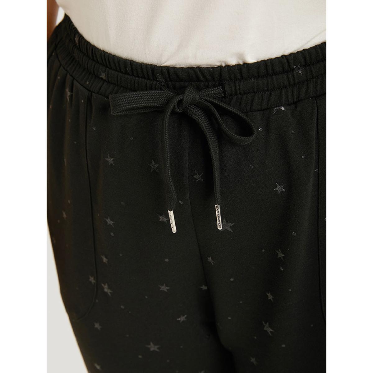 Star Drawstring Slant Pocket Elastic Waist Sweatpants Black Plus Size Women Casual Dailywear Elastic Waist 22-24/3X Bloomchic Product Image