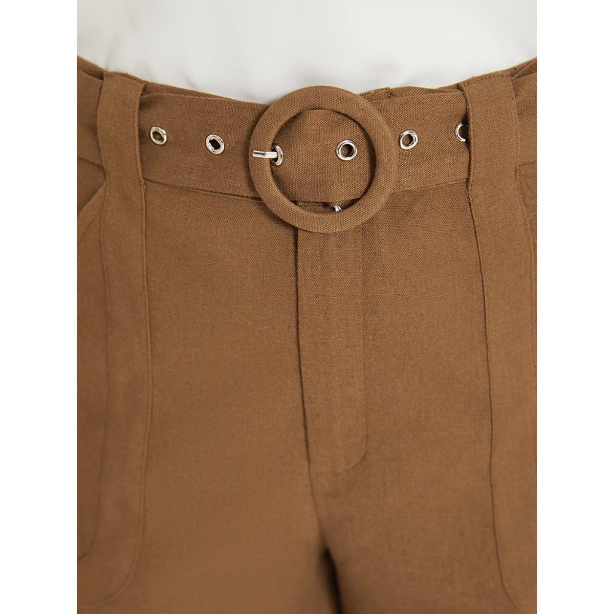 Plus Size Solid Pocket Belted Roll Hem High Rise Shorts Women DarkBrown Office Belted Office Shorts BloomChic 22-24/3X Product Image