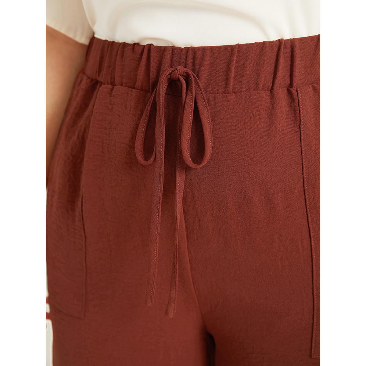 Plus Size Plain Frayed Hem Pocket Bowknot Pants Women Rust Office Straight Leg High Rise Office Pants BloomChic 30/6X Product Image