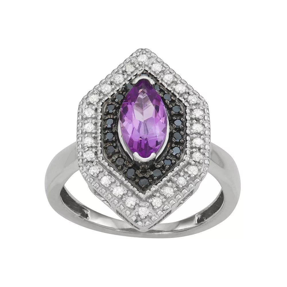 Jewelexcess Sterling Silver Genuine Amethyst & 1/3 Carat T.W. Black & White Diamond Ring, Women's, Size: 6, Purple Product Image
