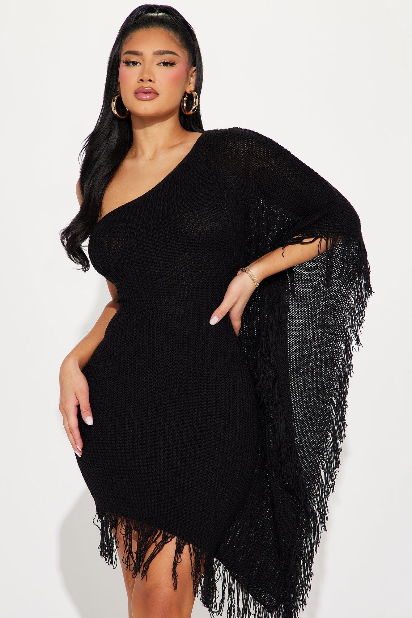 Taylor Solid Fringe Knit Mini Dress - Black Product Image