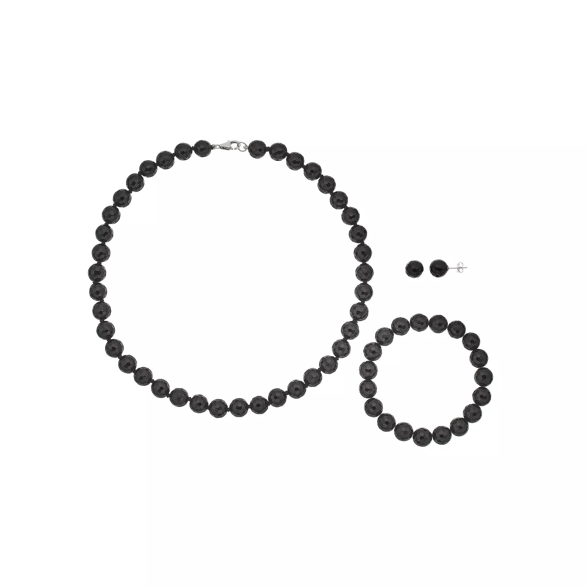 Sterling Silver Agate Bead Necklace Bracelet & Earring Set, Women's, Black Product Image