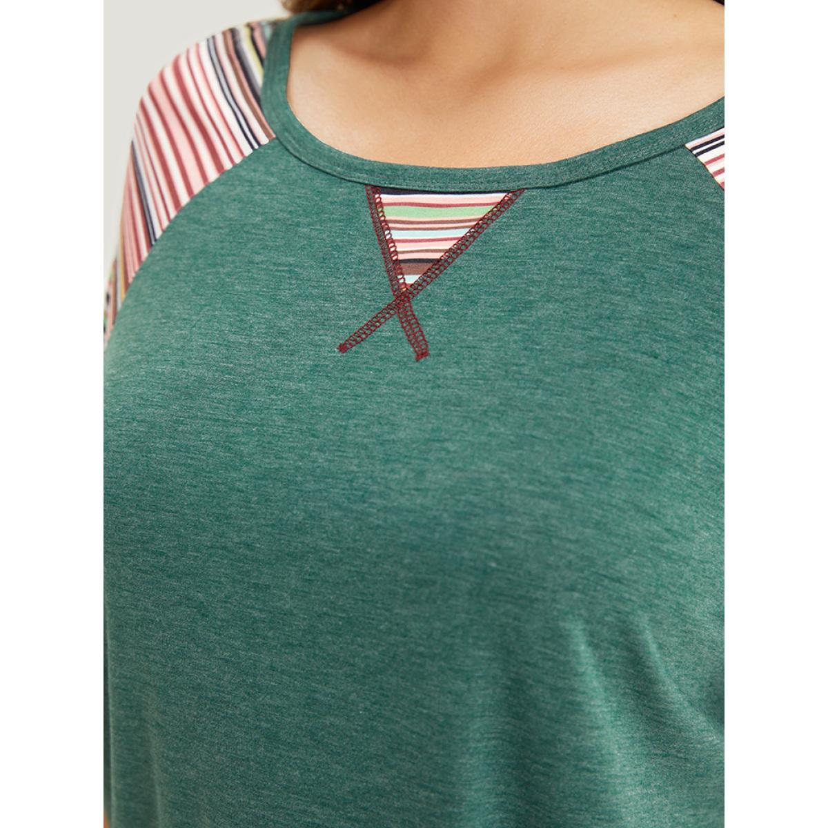 Plus Size Supersoft Essentials Striped Contrast Raglan Sleeve Curved Hem T-shirt DarkGreen Women Casual Contrast Plain Round Neck Everyday T-shirts BloomChic 30/6X Product Image