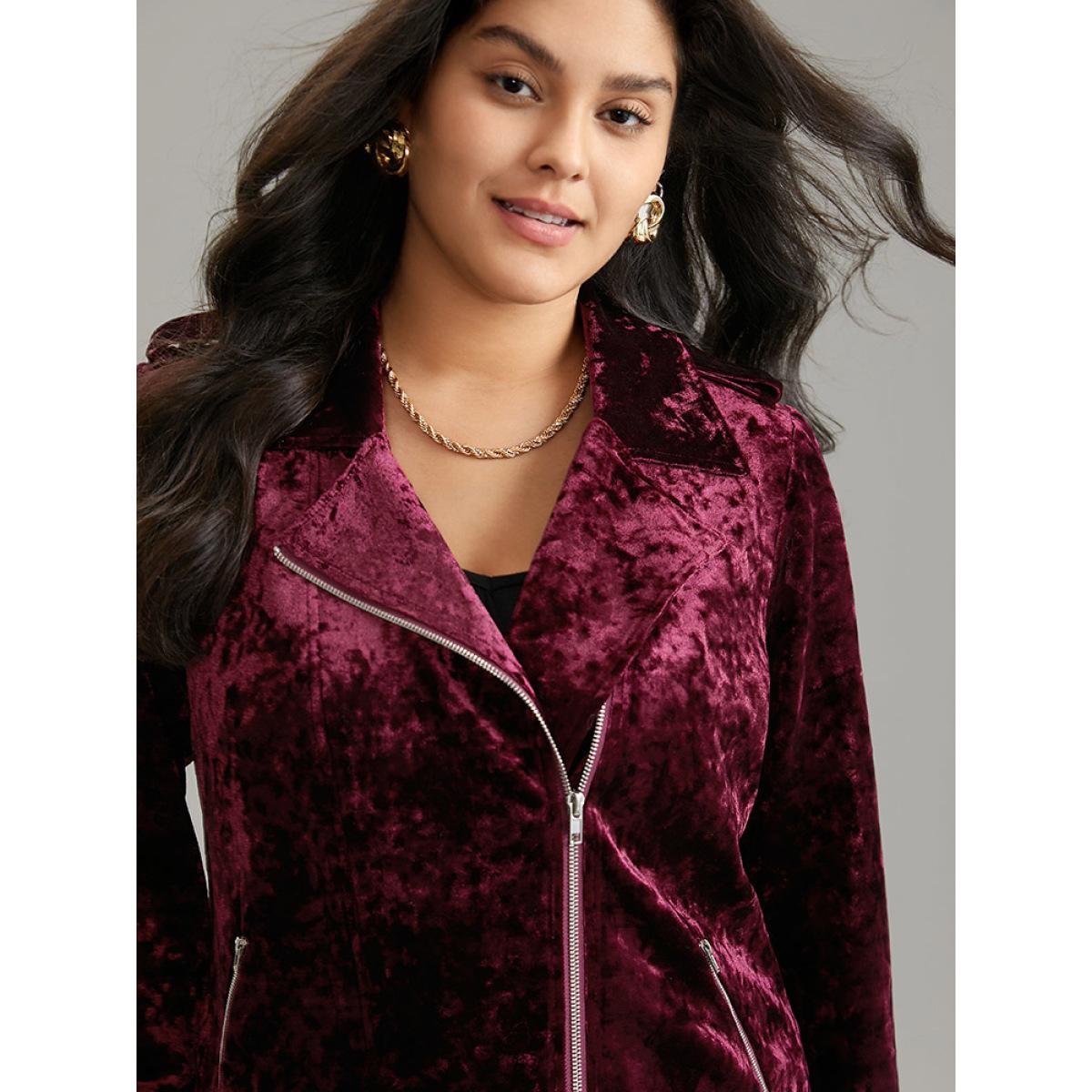 Plus Size Plain Velvet Asymmetrical Zipper Jacket Women Scarlet Lined Pocket Dailywear Jackets BloomChic 10/M Product Image