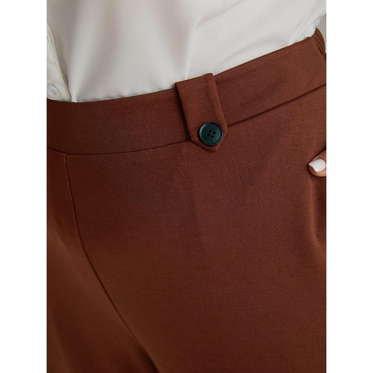 Plus Size Plain Button Detail Straight Leg Pants Women DarkBrown Office Straight Leg High Rise Office Pants BloomChic 10/M Product Image