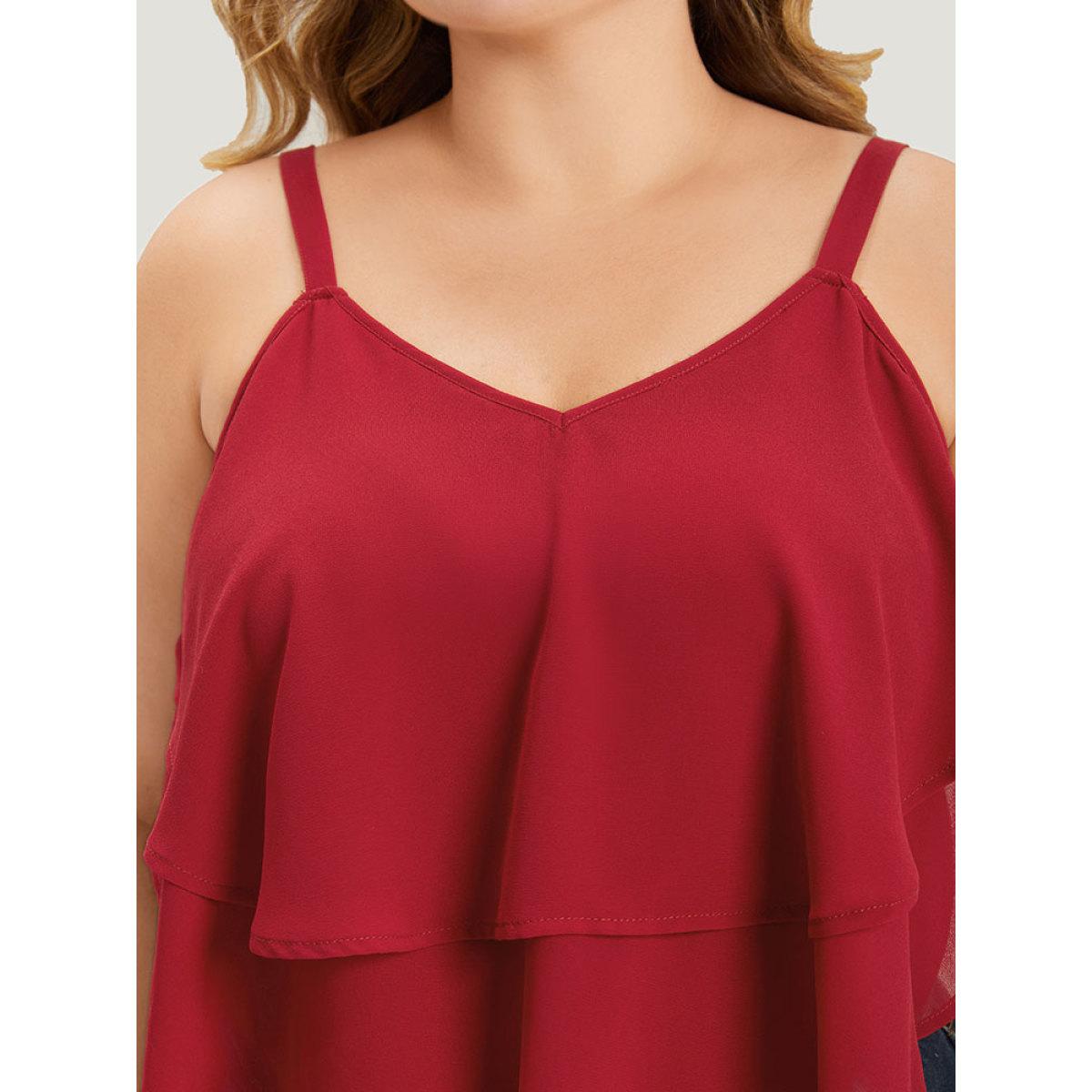 Plus Size Plain Flutter Trim Tiered Cami Bodysuit Women Red Plain Plain Bodysuits BloomChic 30/6X Product Image