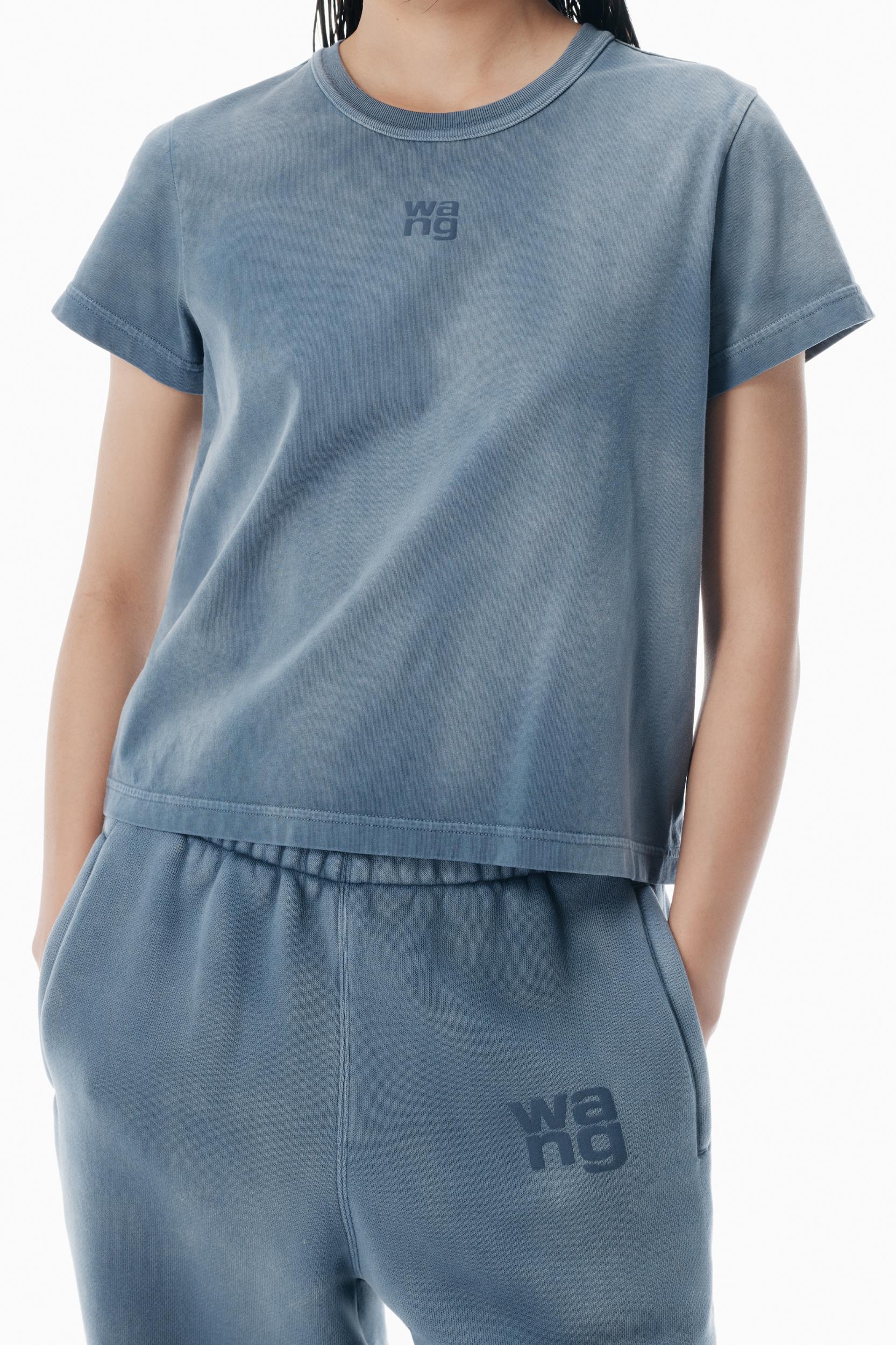 Blue Shrunken Cotton Tee With Logo Product Image
