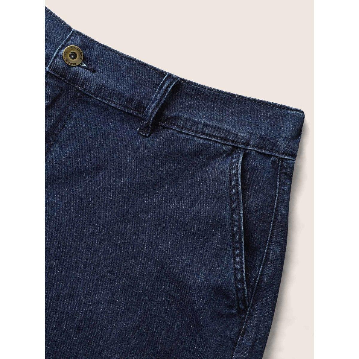 Plus Size Dark Wash Slanted Pocket Loose Denim Shorts Women Denimindigo Button Medium stretch Everyday Slanted pocket Casual Denim Shorts BloomChic 12/L Product Image